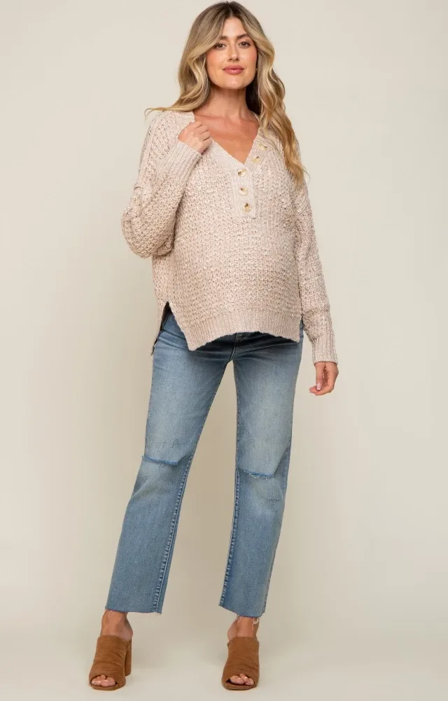 Beige Chunky Knit Button V-Neck Maternity Sweater