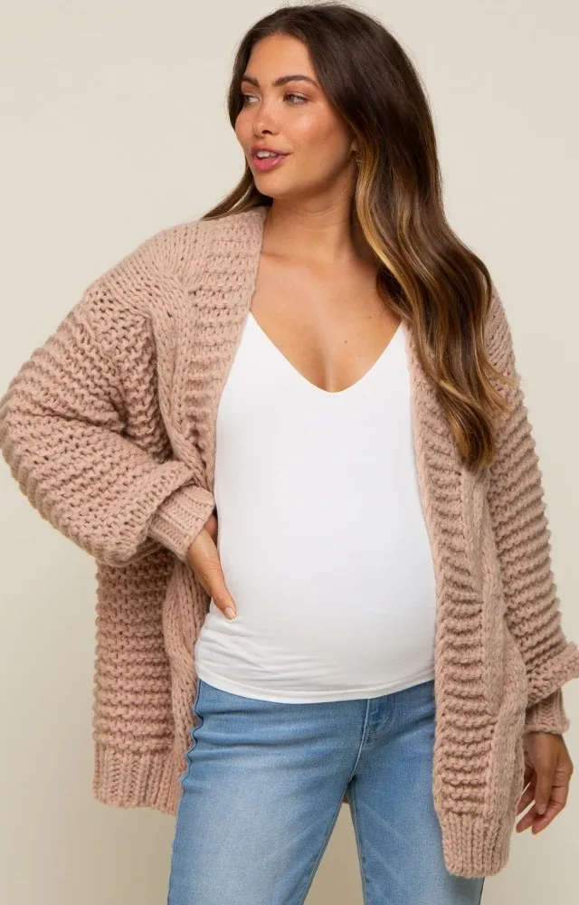 Beige Chunky Knit Maternity Cardigan