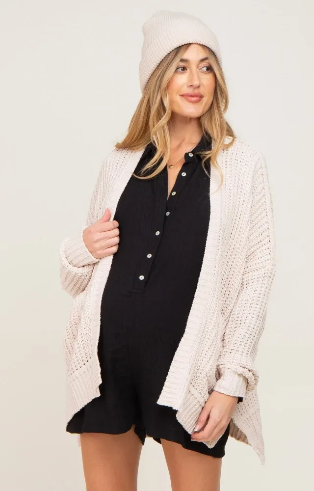 Beige Chunky Knit Oversized Maternity Cardigan