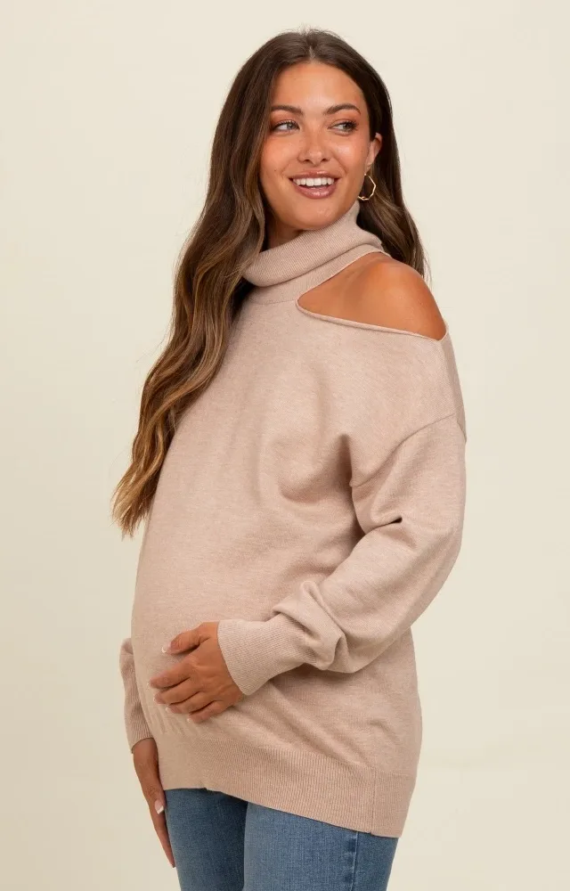 Beige Cold Shoulder Turtle Neck Maternity Sweater