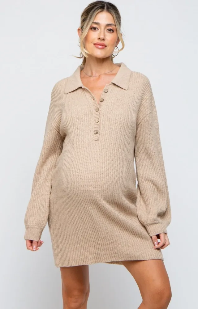 Beige Collared Button Front Maternity Sweater Dress