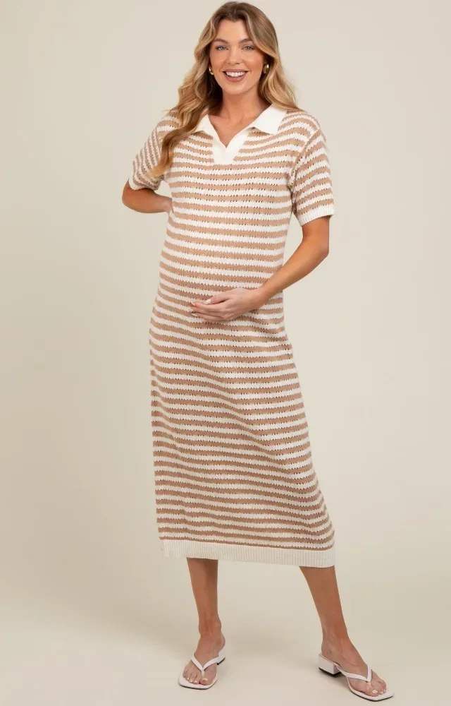 Beige Collared Knit Maxi Maternity Dress