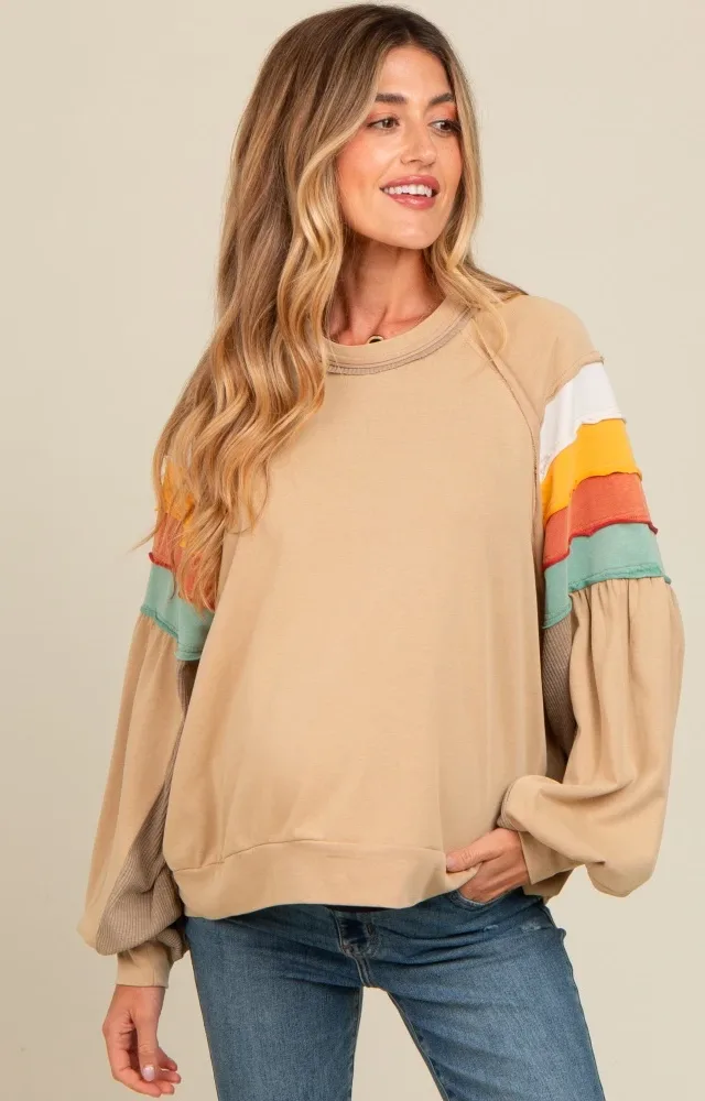 Beige Colorblock Bubble Sleeve Maternity Pullover