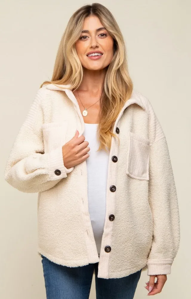 Beige Colorblock Fleece Maternity Shirt Jacket