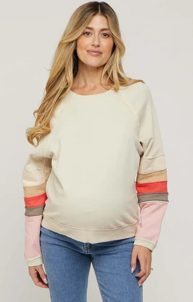 Beige Colorblock Pullover Terrycloth Maternity Sweater