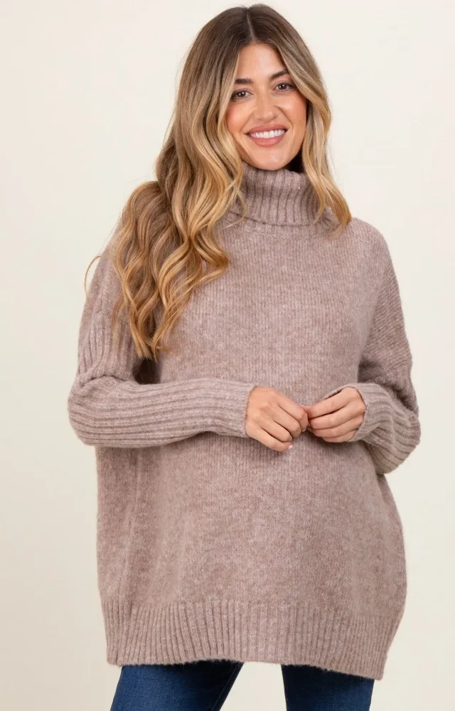 Beige Contrast Ribbed Knit Turtleneck Maternity Sweater