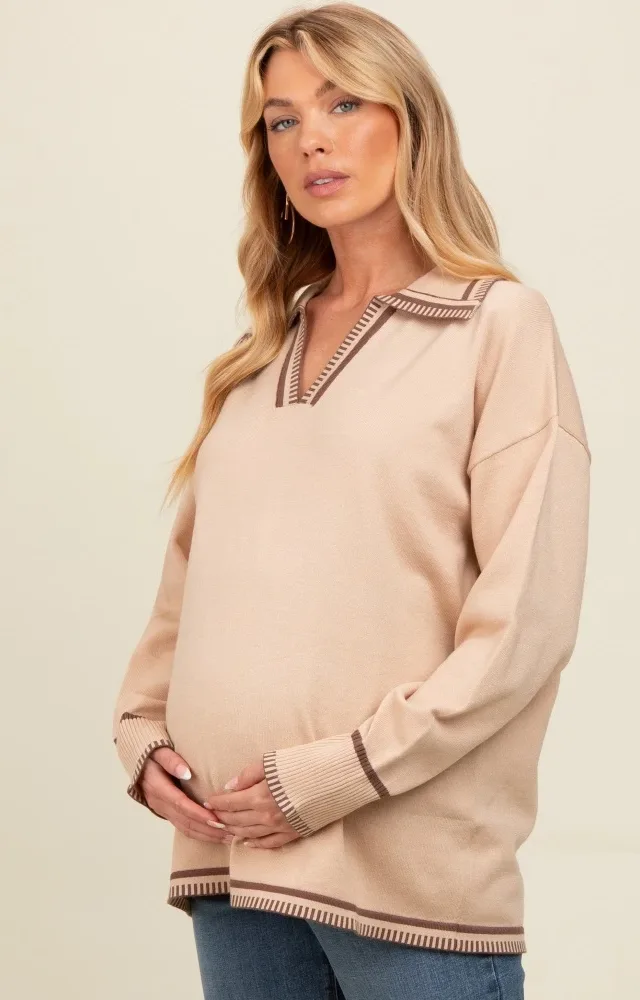 Beige Contrast Trim Collared Maternity Sweater