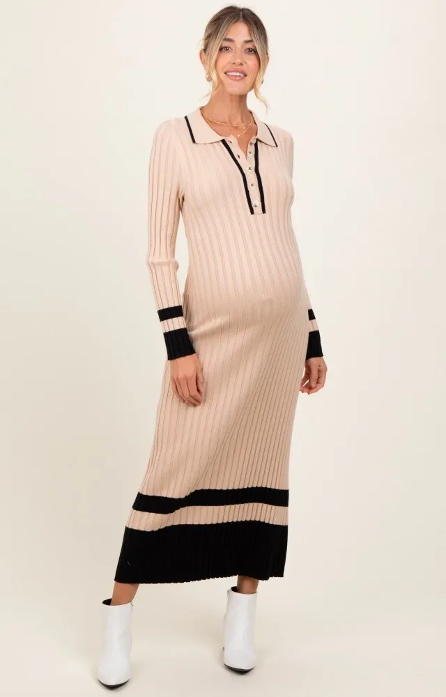 Beige Contrast Trim Knit Polo Maternity Midi Dress