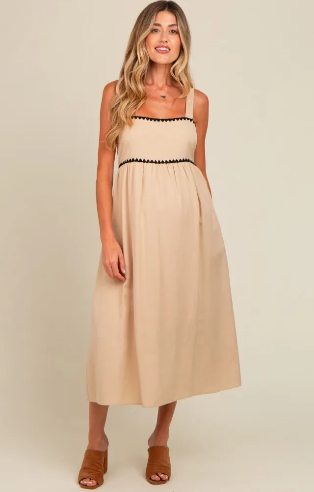 Beige Contrast Trim Maternity Midi Dress