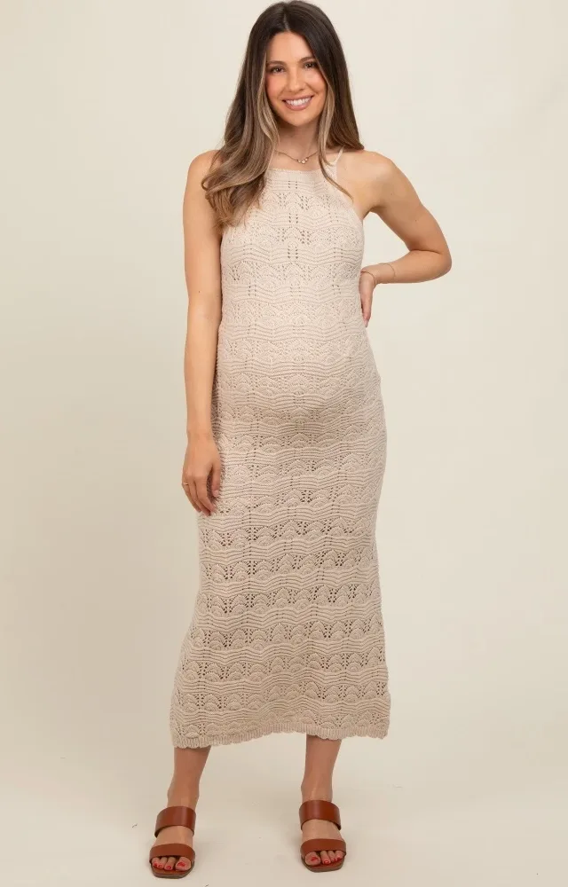 Beige Crochet Knit Back Cutout Maternity Maxi Dress