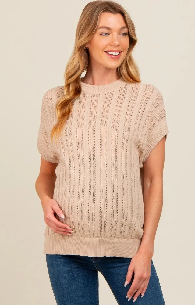 Beige Crochet Knit Short Sleeve Sweater Maternity Top