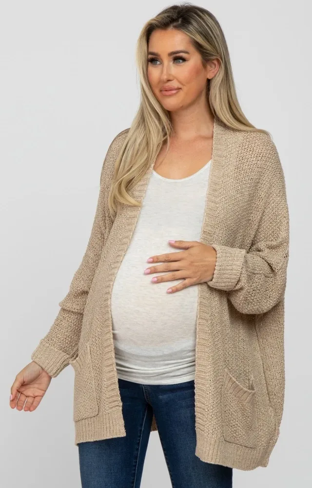 Beige Cuff Sleeve Maternity Cardigan