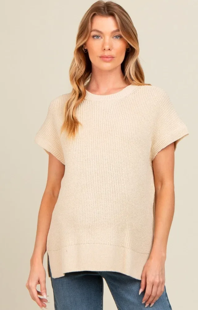 Beige Dolman Short Sleeve Side Slit Maternity Sweater Top