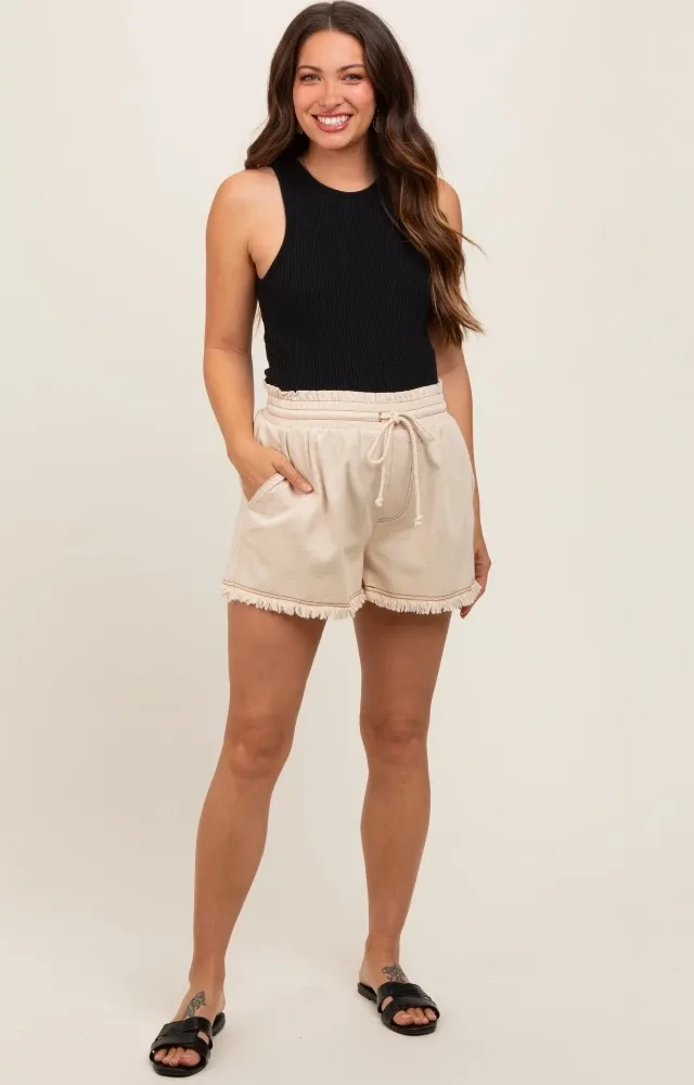 Beige Drawstring Fringe Hem Maternity Shorts