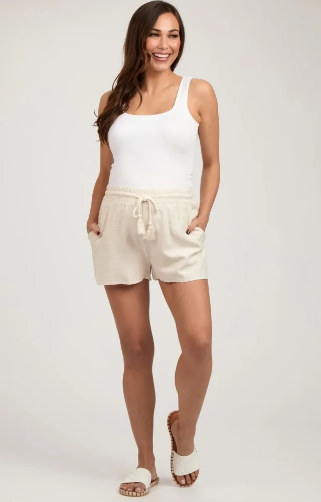 Beige Drawstring Maternity Shorts