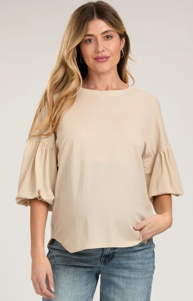 Beige Drop Shoulder Puff Sleeve Maternity Top