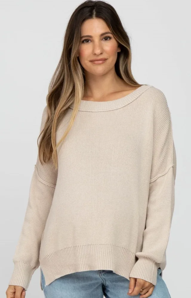 Beige Exposed Seam Side Slit Maternity Sweater