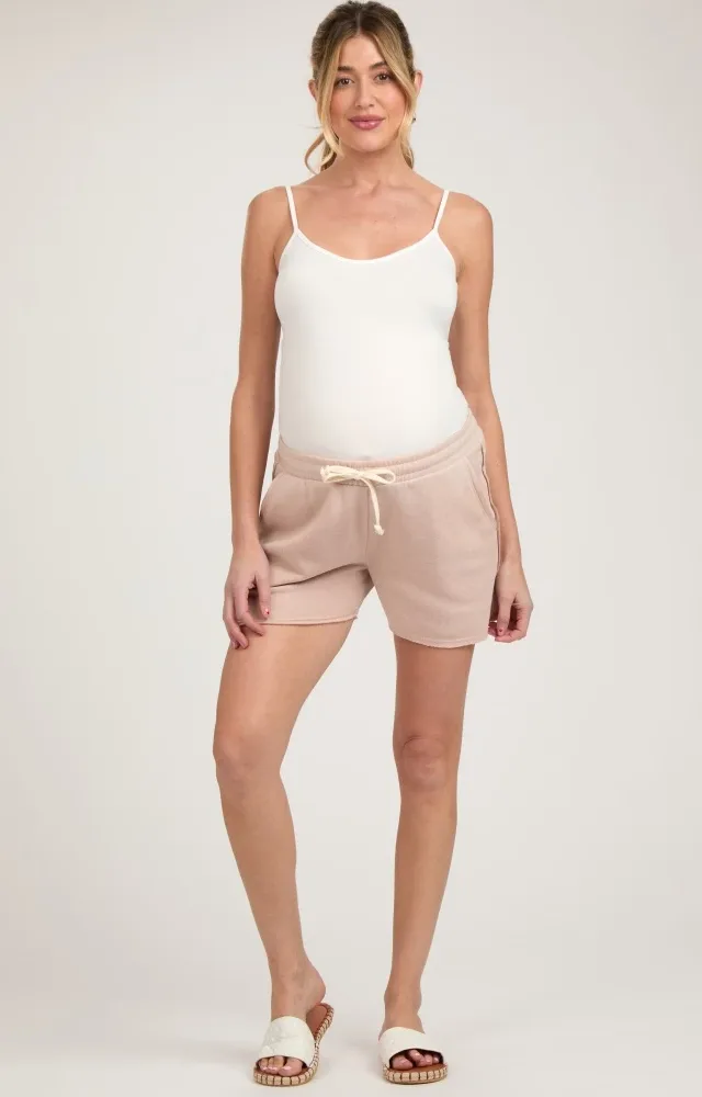 Beige Faded Wash Maternity Drawstring Shorts