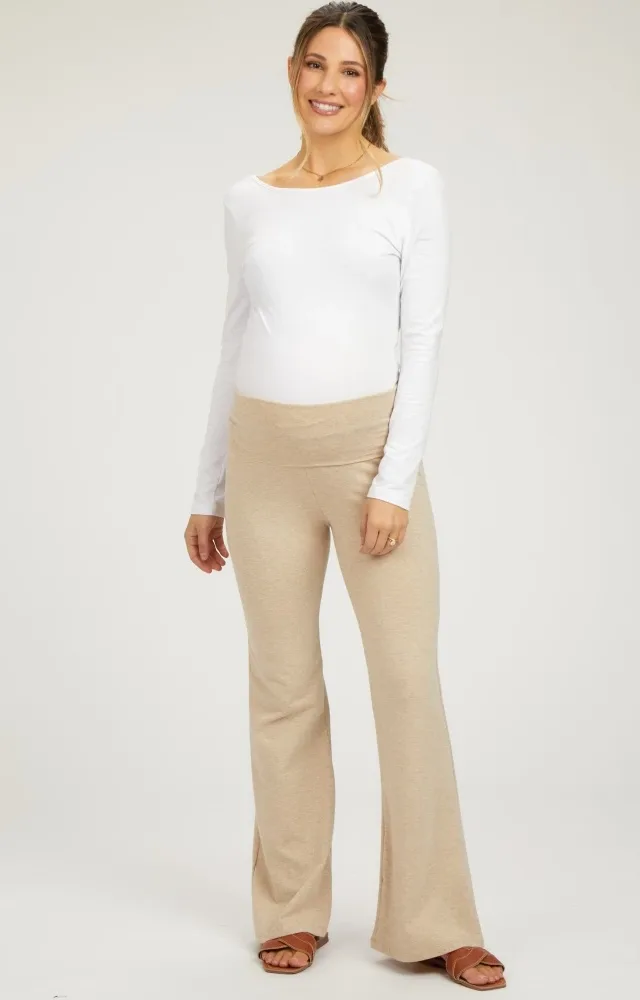 Beige Flare Leg Fold Over Maternity Leggings