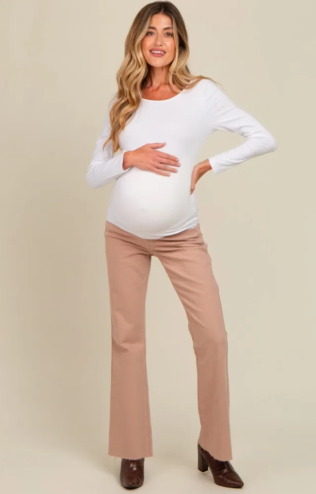 Beige Flare Leg Raw Hem Maternity Jeans