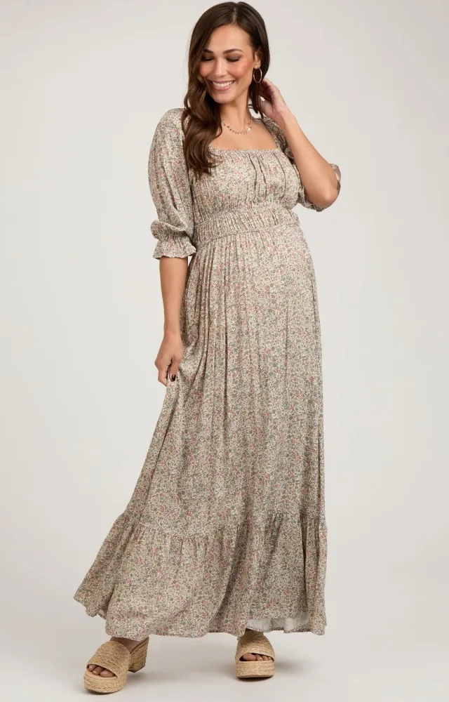 Beige Floral Criss Cross Back Maternity Maxi Dress