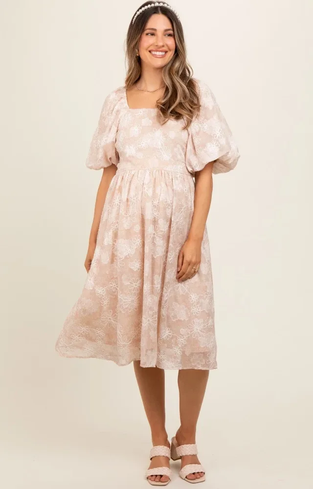 Beige Floral Embroidered Short Puff Sleeve Maternity Dress