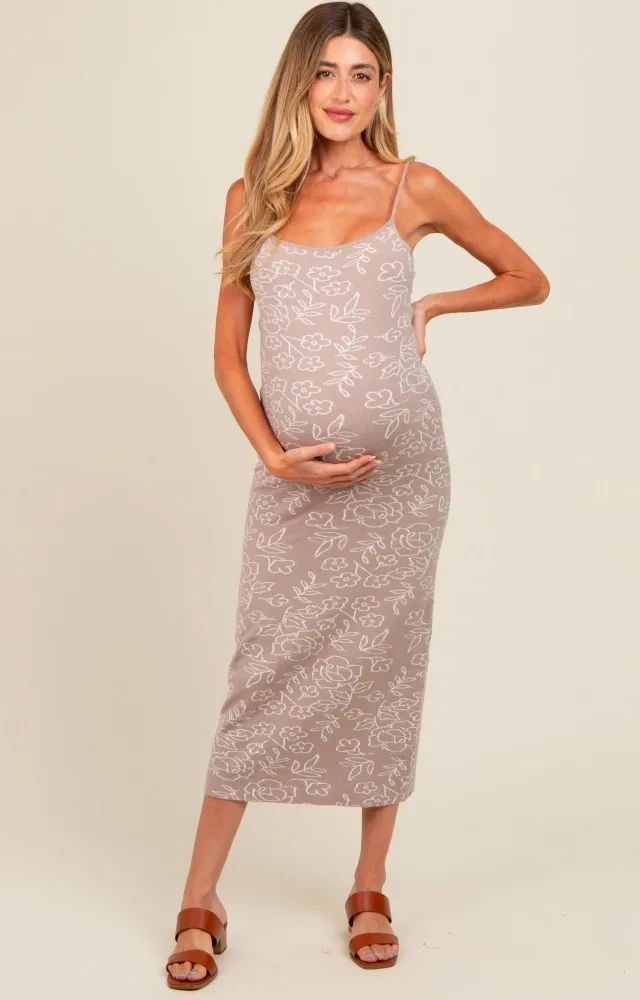 Beige Floral Knit Fitted Maternity Midi Dress