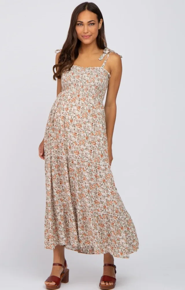 Beige Floral Sleeveless Tiered Maternity Dress