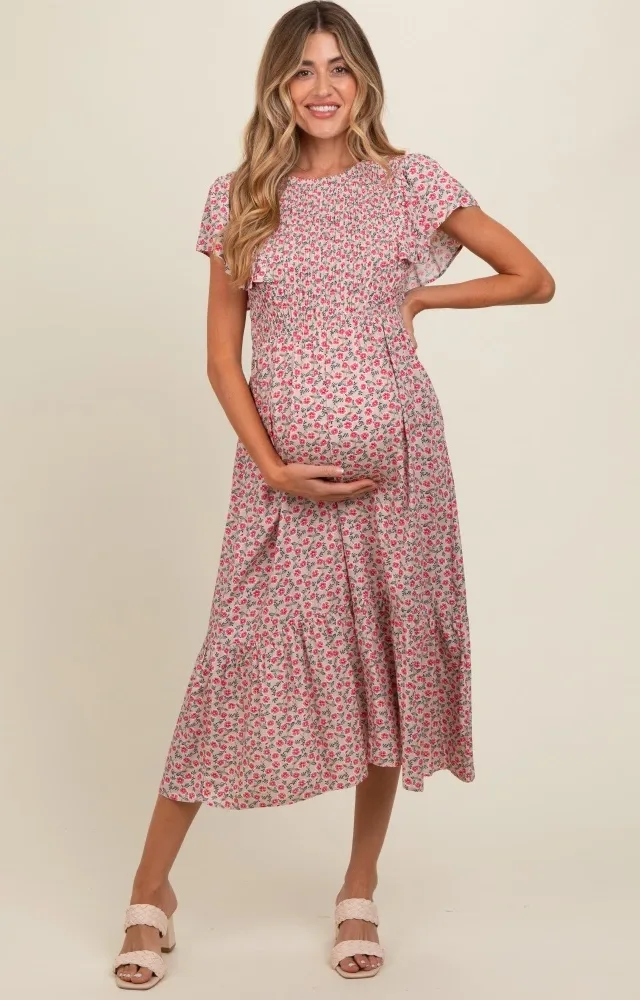 Beige Floral Smocked Maternity Midi Dress