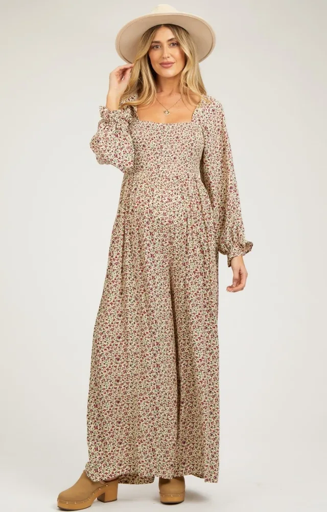 Beige Floral Smocked Wide Leg Maternity Jumpsuit