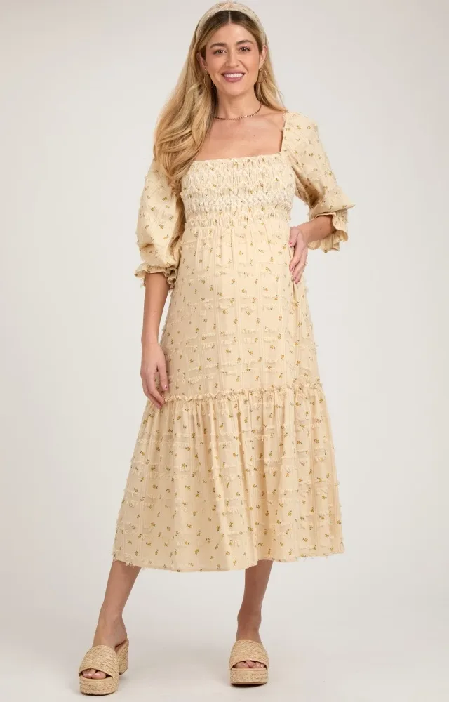 Beige Floral Square Neck Smocked Fringe Maternity Midi Dress