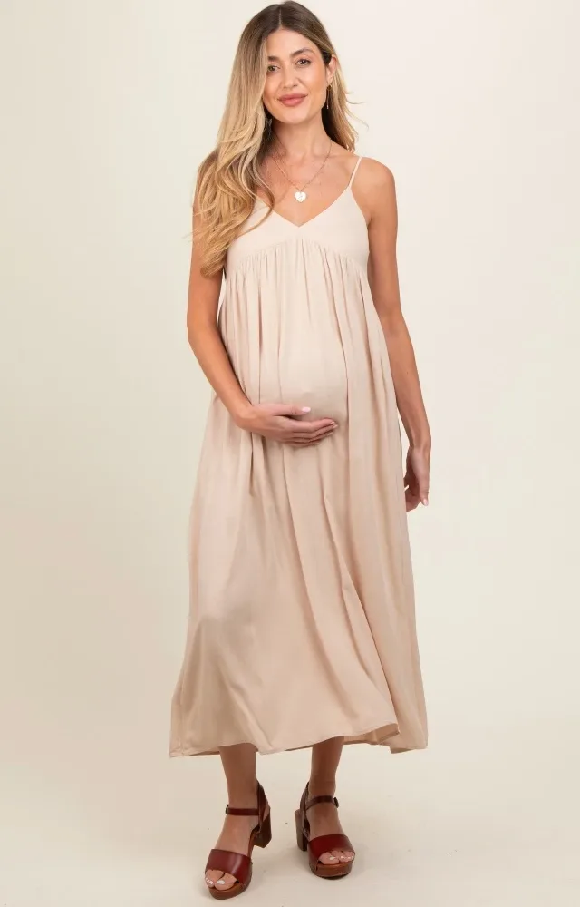 Beige Flowy Maternity Maxi Dress