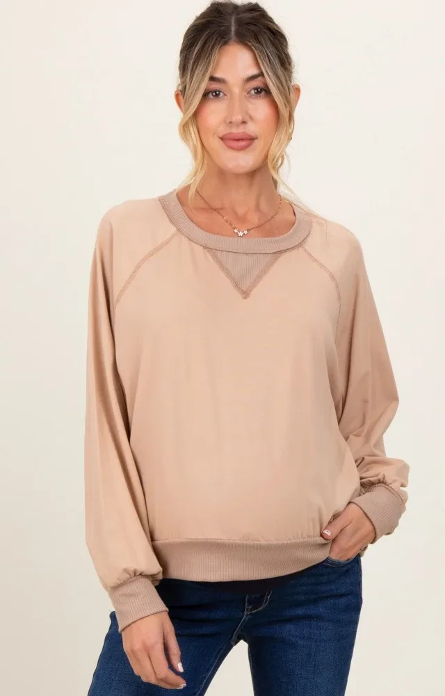 Beige French Terry Contrast Rib Maternity Long Sleeve Pullover