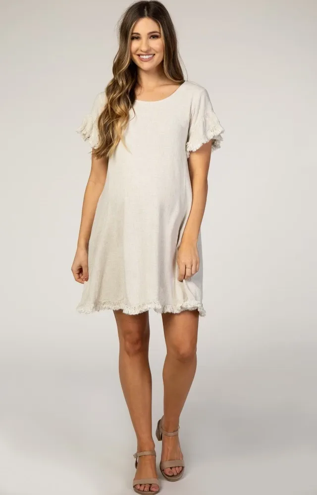 Beige Fringe Linen Maternity Dress