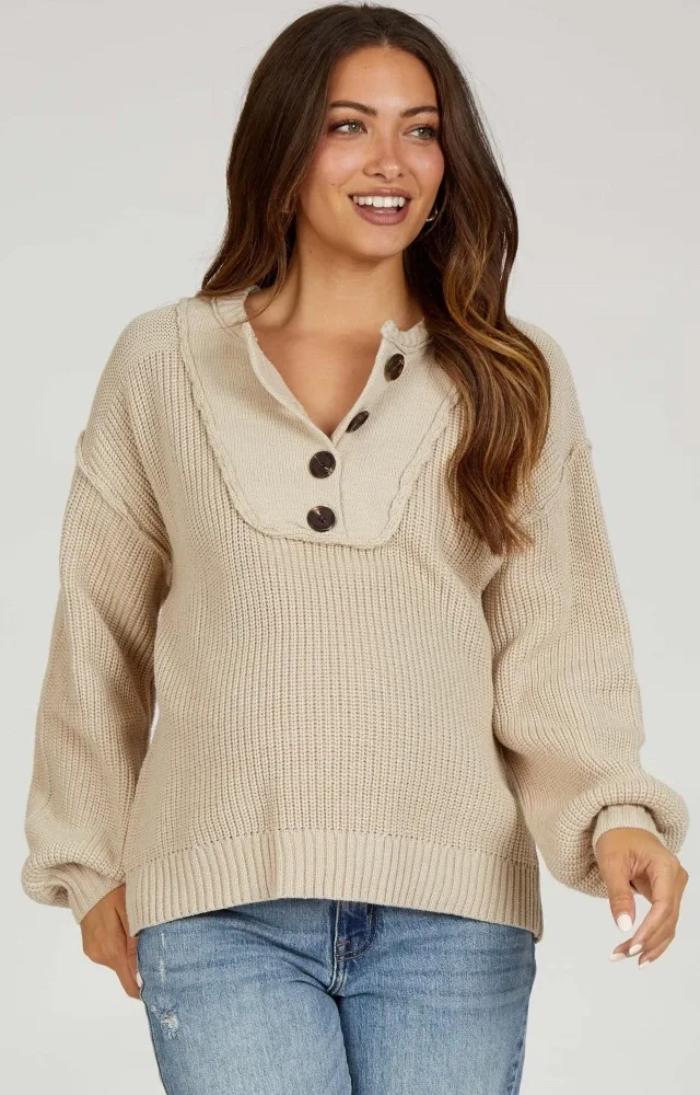 Beige Front Button Knit Maternity Sweater