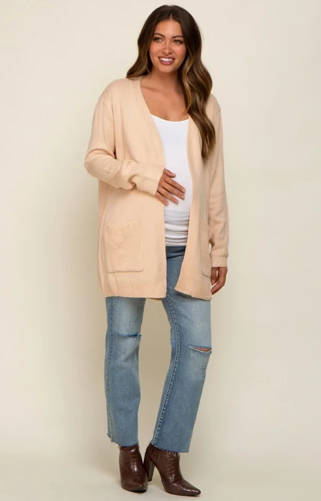 Beige Front Pocket Maternity Cardigan