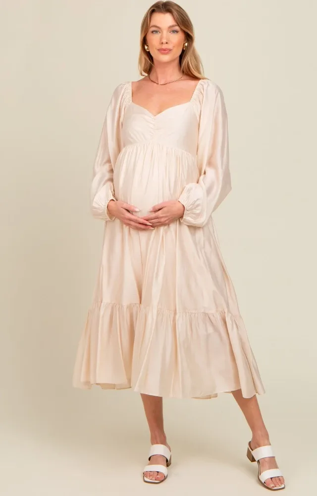 Beige Front Ruched Babydoll Maternity Midi Dress