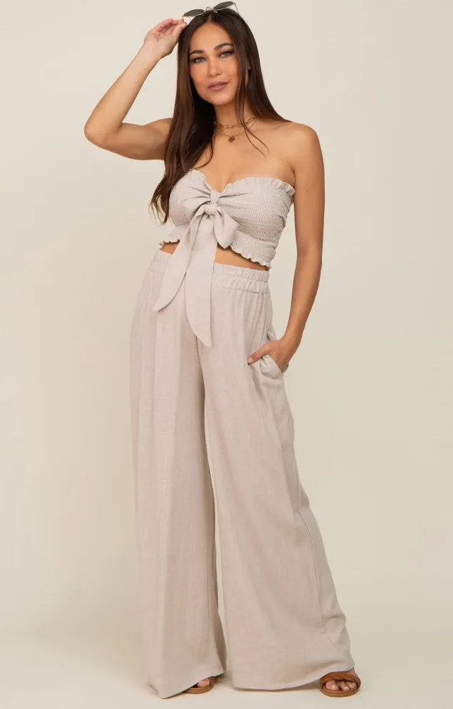 Beige Front Tie Crop Top And Pant Maternity Set