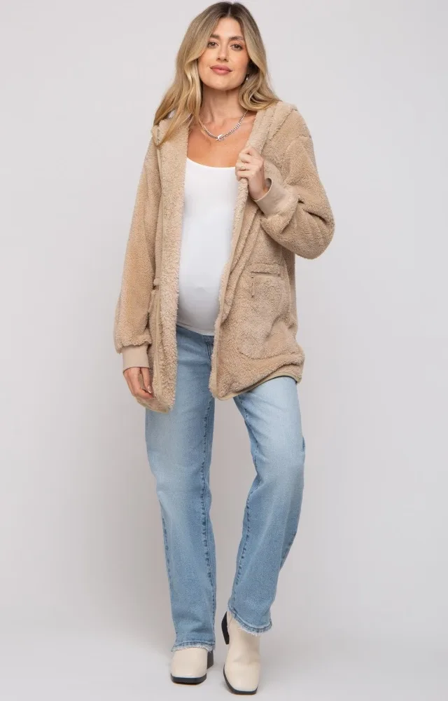 Beige Fuzzy Knit Hooded Maternity Jacket