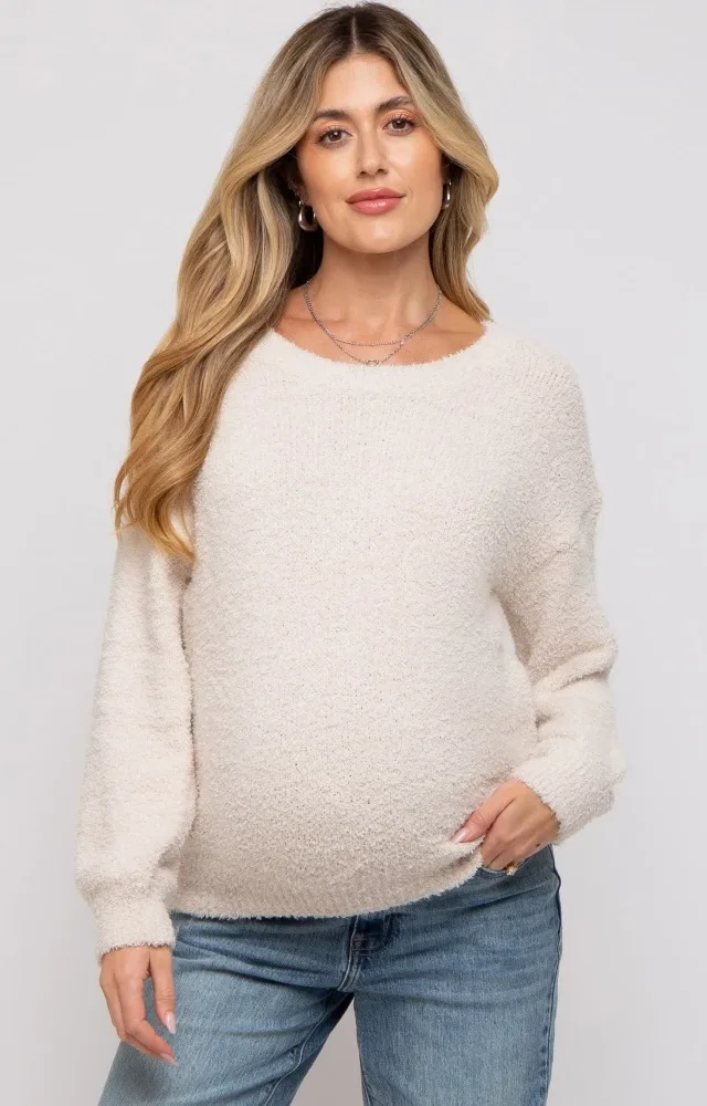 Beige Fuzzy Soft Knit Maternity Sweater