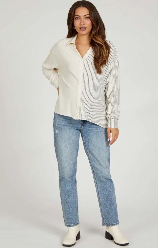 Beige Half Stripe Button Down Maternity Top