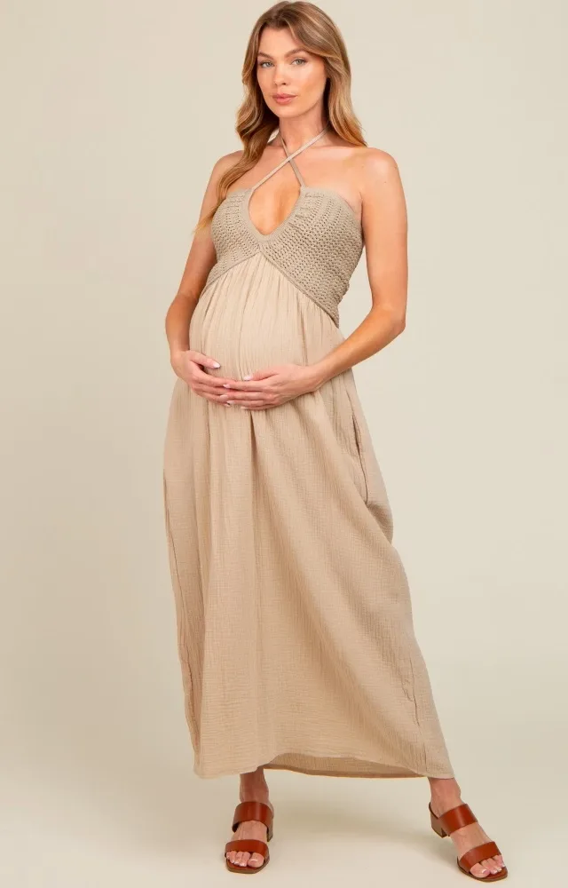 Beige Halter Crochet Top Maternity Maxi Dress