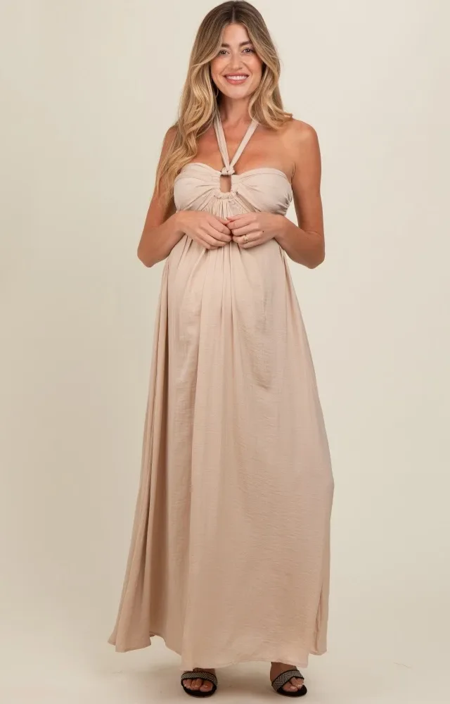 Beige Halter Cutout Maternity Maxi Dress