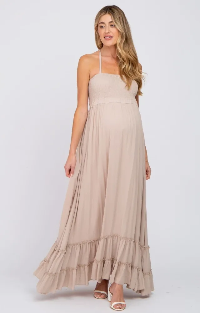 Beige Halter Neck Cut Out Maternity Maxi Dress