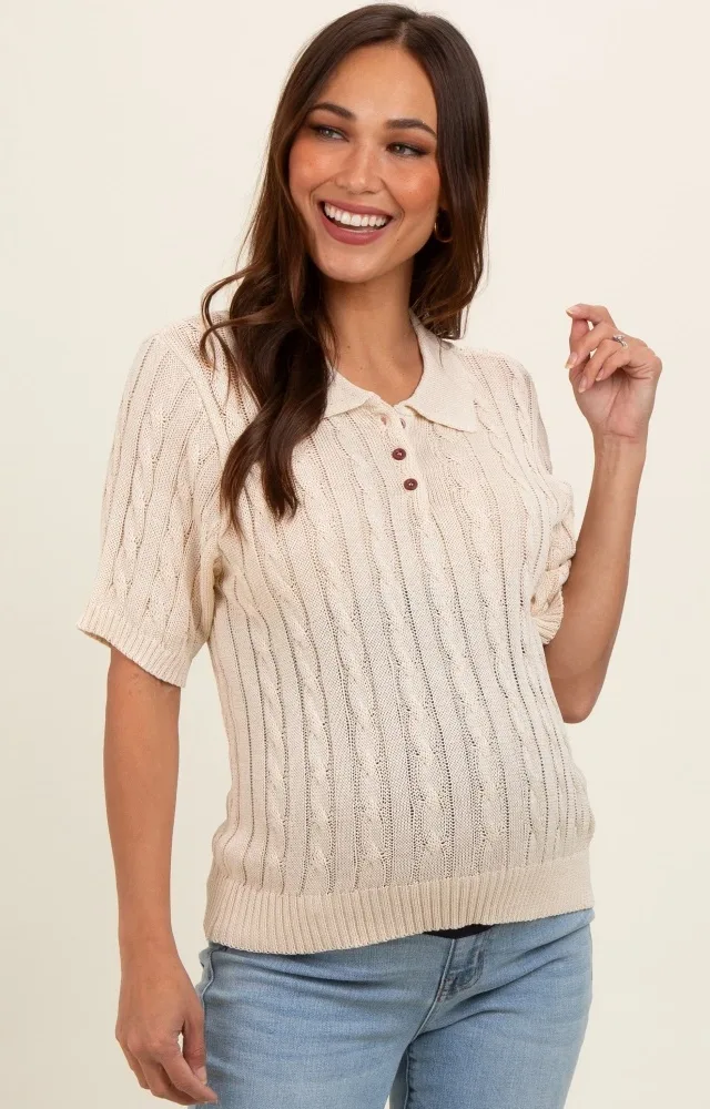 Beige Knit Button Collared Maternity Top