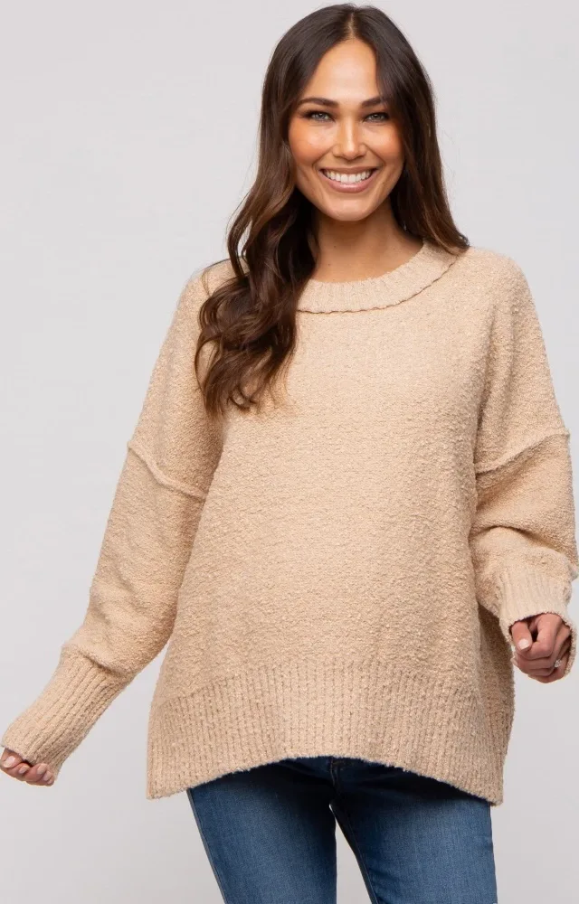 Beige Knit Exposed Seam Maternity Sweater