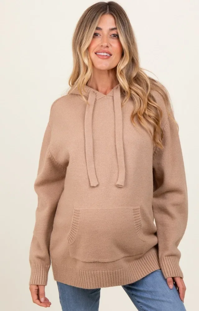 Beige Knit Front Pocket Hooded Maternity Sweater