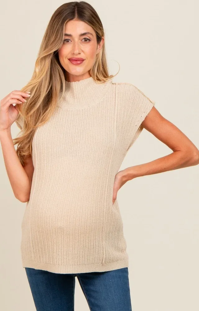 Beige Knit Maternity Tunic Sweater Top