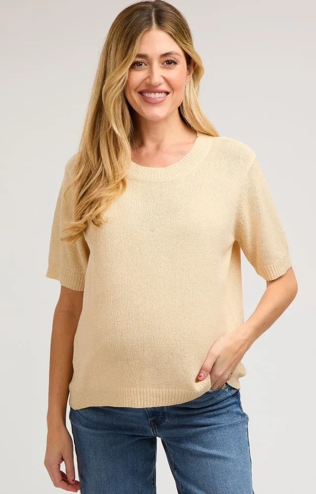 Beige Knit Short Sleeve Maternity Top