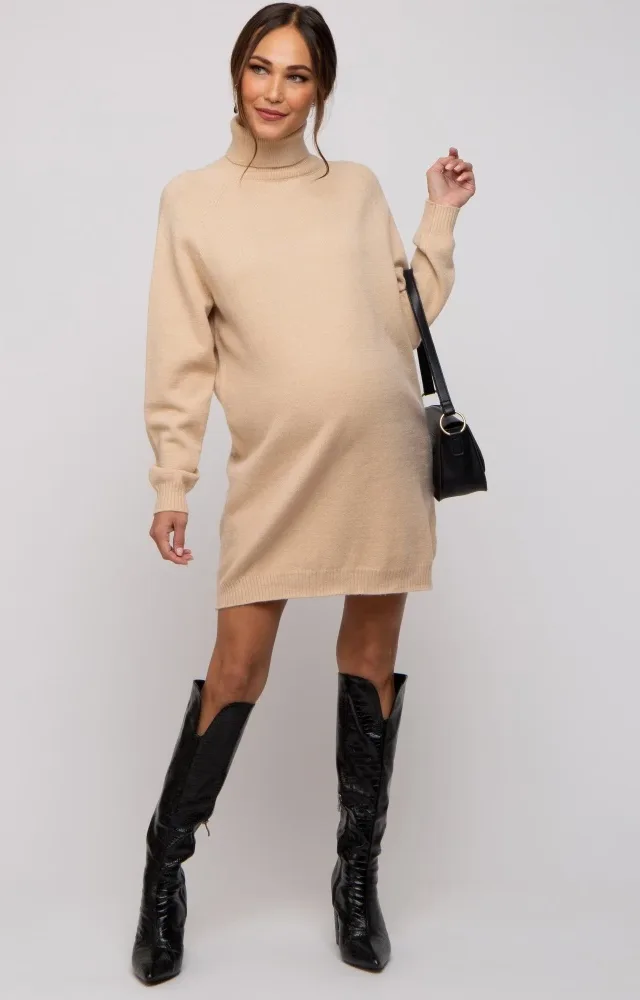 Beige Knit Turtleneck Maternity Sweater Dress